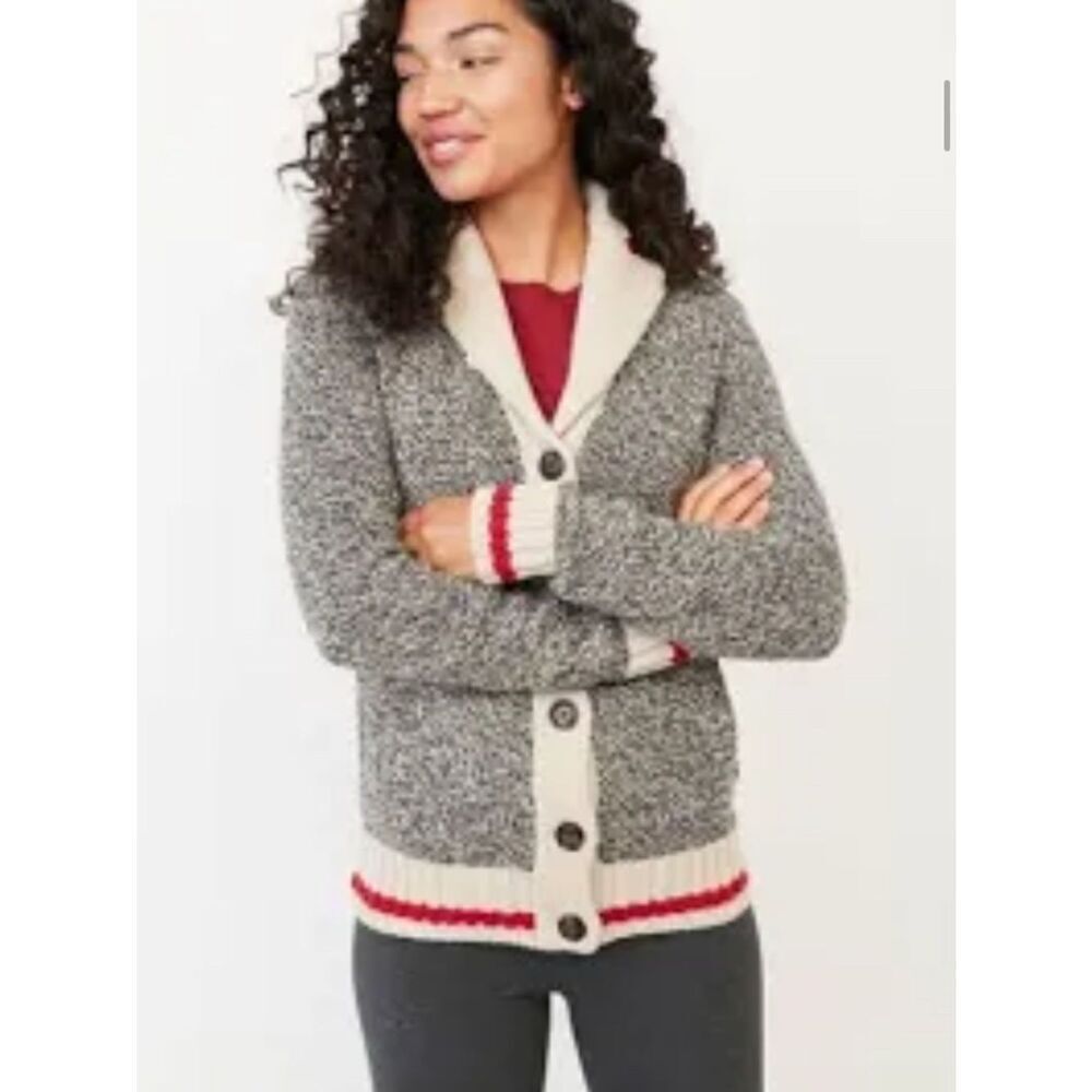 🛍️ Roots Unisex Cabin Knit Shawl Collar Cardigan Sweater - Gray, Cream & Red